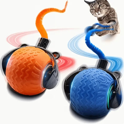 Cat Toy for Indoor Cats, Automatic Rolling Ball with LED Light & Realistic Tail, Self-Playing Motion Activated Cat Toys for Bore
