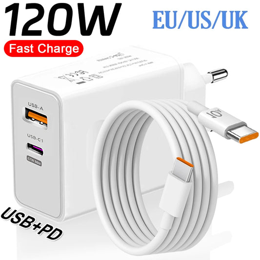 120W Fast Charger USB Type C PD Cable Fast Charging Quick Charge Adapter For iPhone 17 16 15 Pro Xiaomi Samsung Oneplus Huawei
