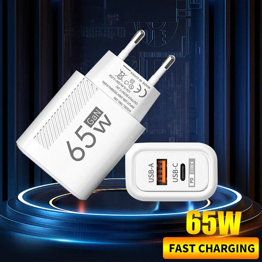 Toatal 65W GAN USB C Charger Fast High Speed Charging Quick Charge For iPhone 15 Xiaomi Samsung USB C Mobile Phone Wall Adapter