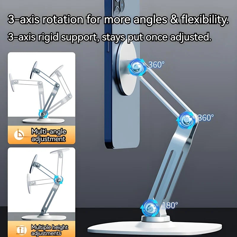 2in1 Alloy Desktop Magnetic Tablet Phone Stand, Foldable Three Axis Support 360 Rotation Universal Compatible with Phone & Ipad