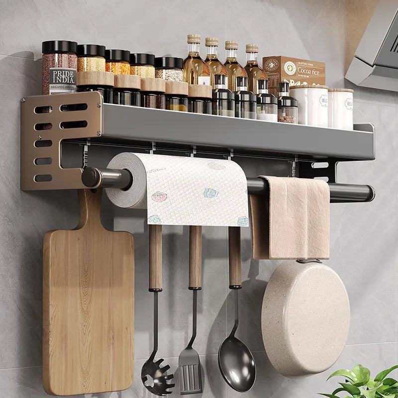 Gunmetal Space Aluminum No-Drill Wall Mounted Kitchen Storage Rack - Multi-Functional Organizer for Spice Jars and Knives