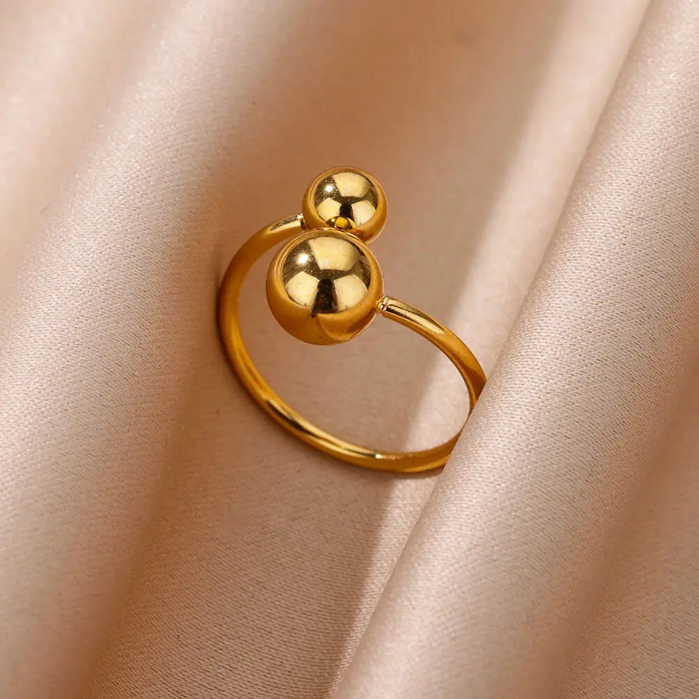Exaggerated Stainless Steel Bead Ball Ring – Adjustable Gold Color Waterproof Ring for Women & Men