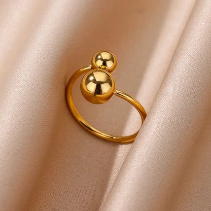 Exaggerated Stainless Steel Bead Ball Ring – Adjustable Gold Color Waterproof Ring for Women & Men