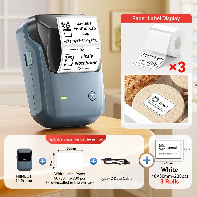 Portable Niimbot B1 Wireless Label Maker Adhesive Sticker Printer Labeling Machine DIY 20-50mm Labels for Office Home