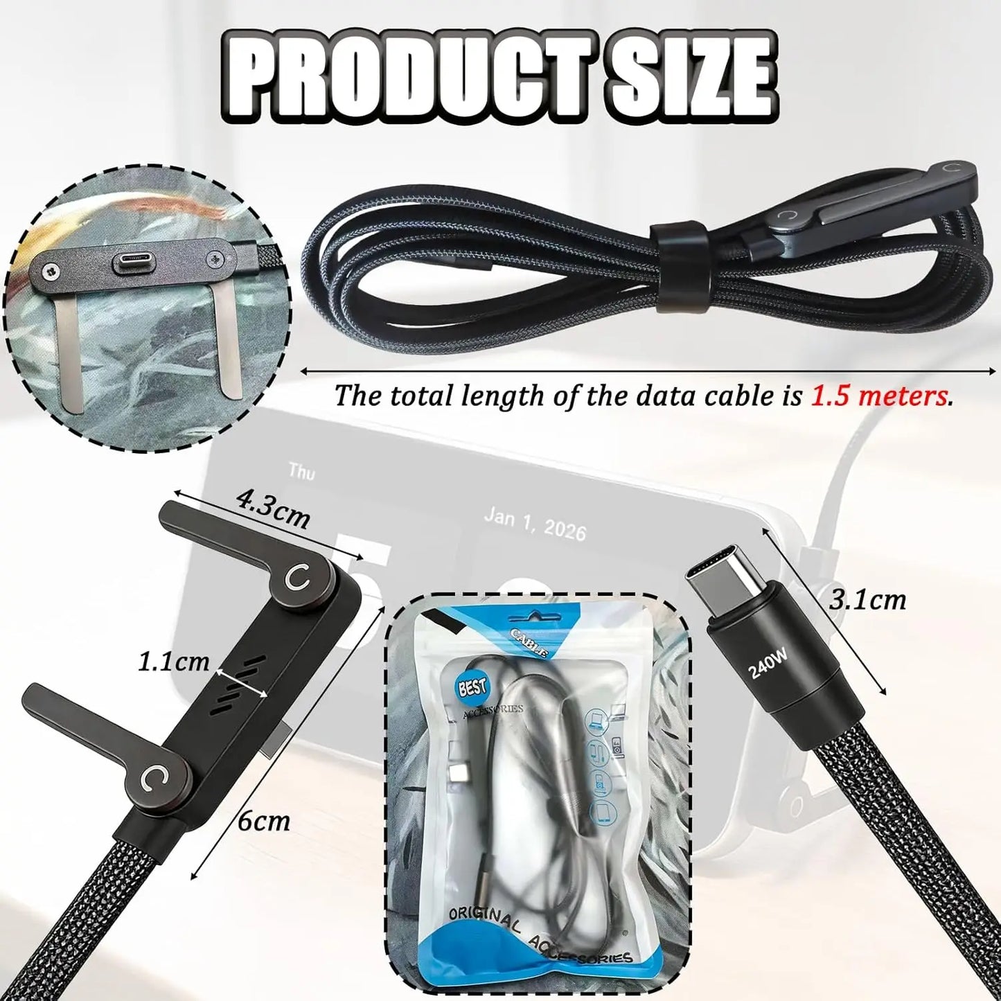 1/2PCS Type C To C Charger Cable 240W Fast Charging Data Line with Built-In Phone Stand for IPhone Samsung Xiaomi Google