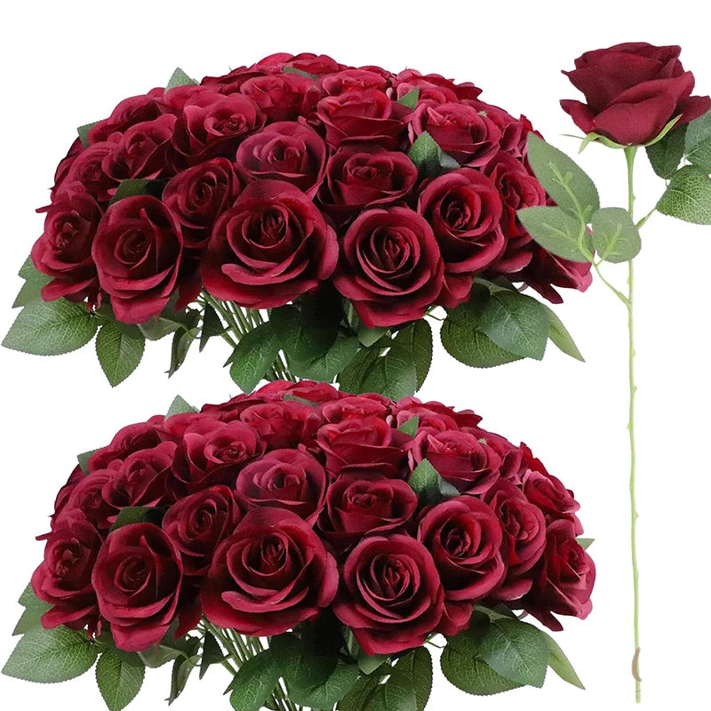 50 Pcs Velvet Rose Artificial Rose Flowers Real Touch Fake Roses Florals for Valentine's DIY Wedding Bouquet Party Home Decor