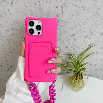 Liquid Silicone Wallet Card Slot Four Corner Anti-Fall Bracelet Phone Case for iPhone 17 18 Pro Max 15 14 13 12 Mini 16 Pro Max