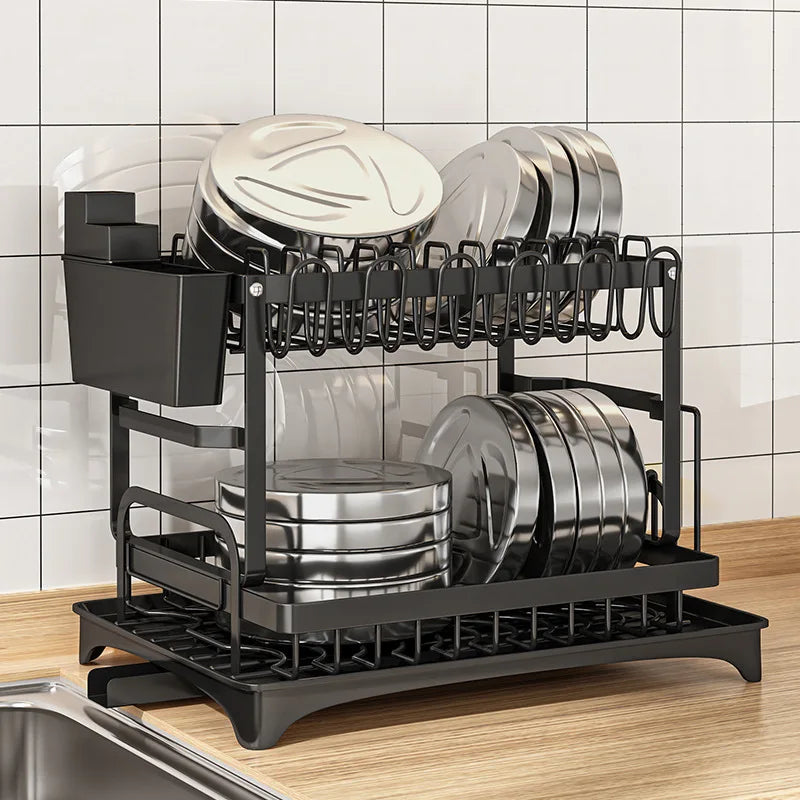 2 Tier Dish Drying Rack Kitchen Bowl Drainer Storage Rack Tableware Drain Chopsticks Knife Fork Water Cup Storage Holder 2 Tier