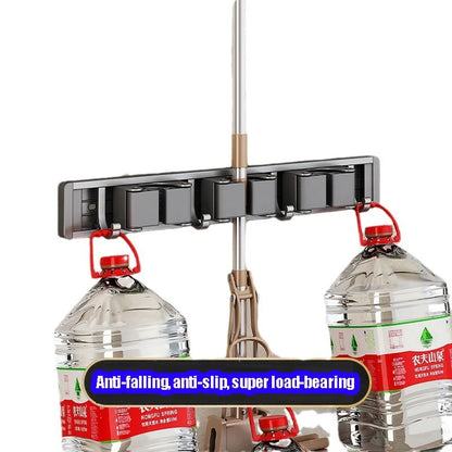Wall Mounted Mop & Broom Organizer Rack with 5 Hooks Strong Mop Holder Self Adhesive for Kitchen Bathroom Cleaning Tools Storage