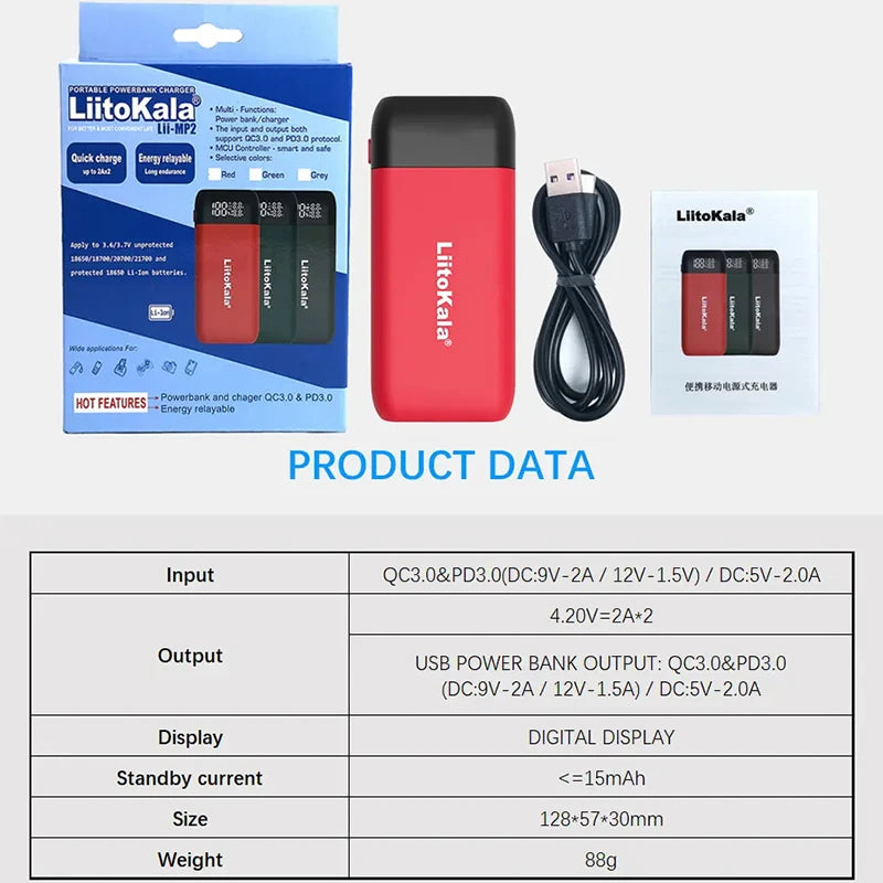 LiitoKala Lii-MP2 Dual Bay 18650/21700 Charger & QC3.0 PD3.0 Power Bank (No Battery)Input/Output Digital Display