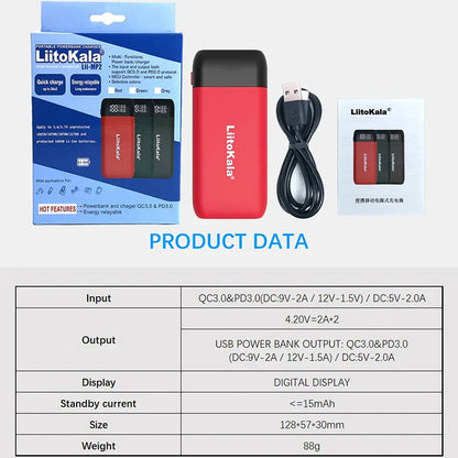 LiitoKala Lii-MP2 Dual Bay 18650/21700 Charger & QC3.0 PD3.0 Power Bank (No Battery)Input/Output Digital Display