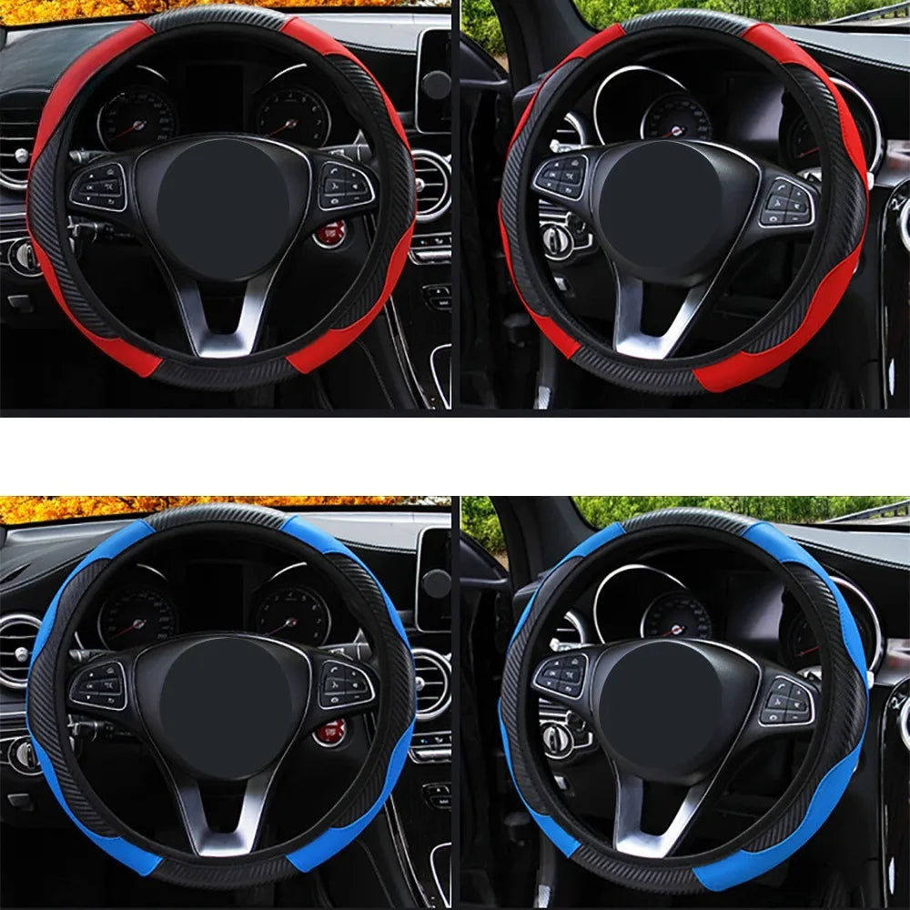 37-38cm Carbon Fiber Style PU Leather Steering Wheel Cover Universal Anti Slip Breathable for Car Interior Decoration