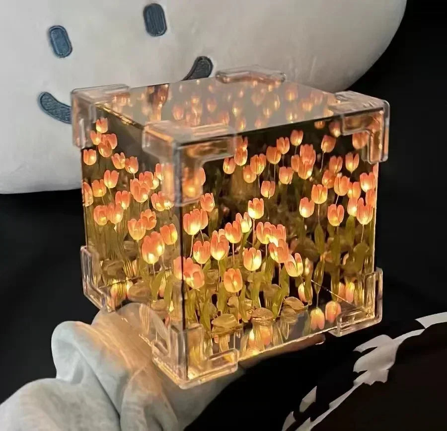 Tulip Mirror Cube Lamp Simulation Flower Bedroom Sleeping DIY Table Lamp Handmade Craft Tulips Mirror Night Light Birthday Gift