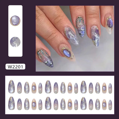 24pcs Romantic Y2k Star Press On Nails Gradient Blue French Style Gold Moon Designs Fake Nail Sweet Almond False Nails For Women