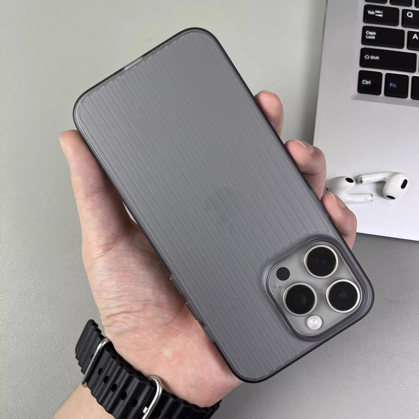 Natural Titanium Grating Stripe Pattern Phone Case for iPhone 16 14 15 13 Pro Max Plus Metal Button Shockproof Hard Armor Cover