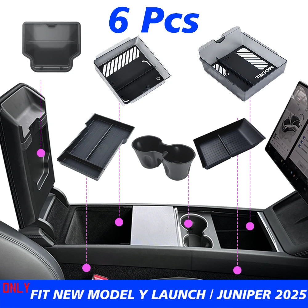 TEKSY 1/2/3/4/6/7/8pcs For Tesla New Model Y 2025 2026 Juniper ABS with Silicone Non-slip Mat Console & Armrest Storage Box