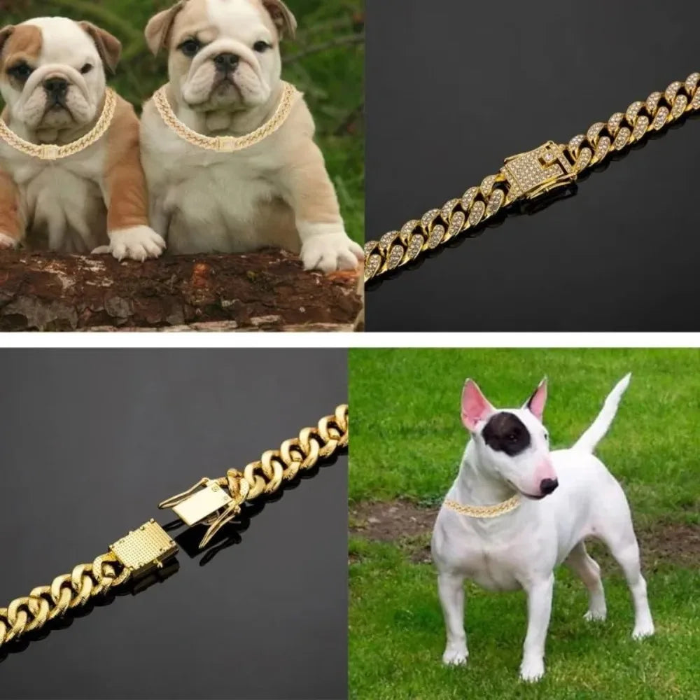 Cuban Chain Dog Collar Stainless Steel Adjustable Safety Buckle Walking Collar for Small Medium Breeds