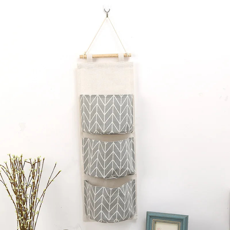 1PC Three Pockets Hanging Wall Storage Bag Household Bedroom Living Room Kitchen Cotton Linen Storage Bag