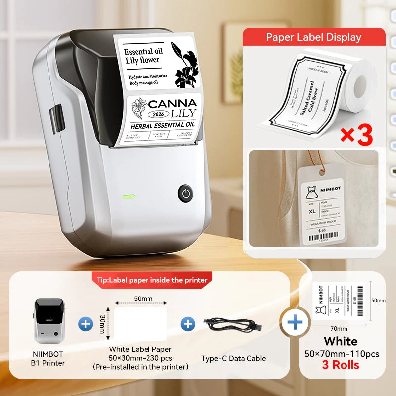Portable Niimbot B1 Wireless Label Maker Adhesive Sticker Printer Labeling Machine DIY 20-50mm Labels for Office Home