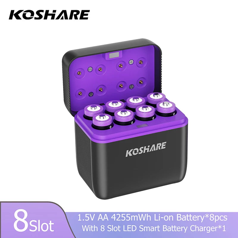 KOSHARE 1.5V AA 4255mWh AAA 1100mWh Rechargeable Lithium Battery Charger Set  With LED Indicator Arc-look Fast Charging Case