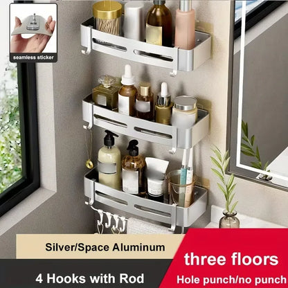 1pc Non-Drill Aluminum Bathroom Storage Rack - Wall Mounted Corner Rack Used For Storing Bathroom Shampoo Shower Gel Cosmetics