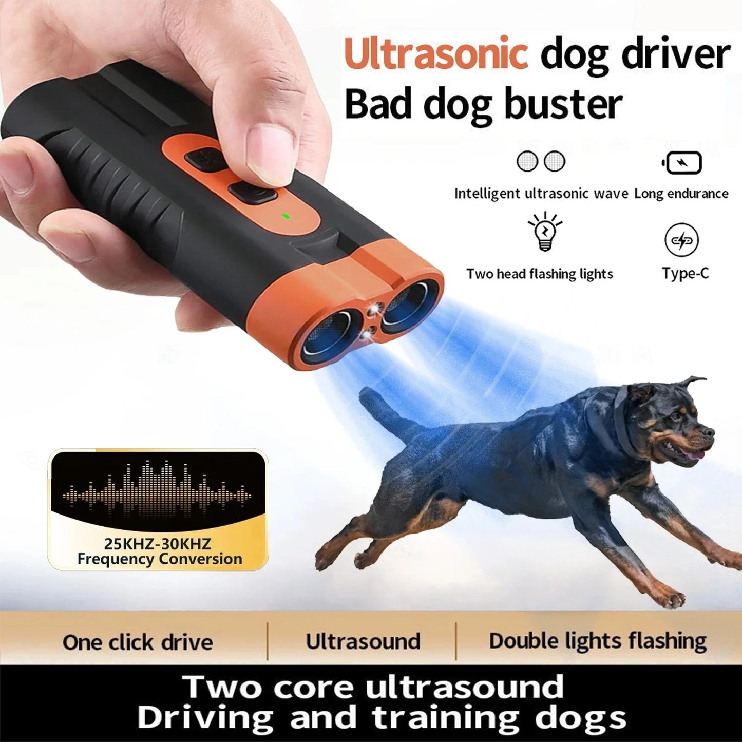 Dual Head Ultrasonic Dog Repeller & Trainer with LED Flashlight