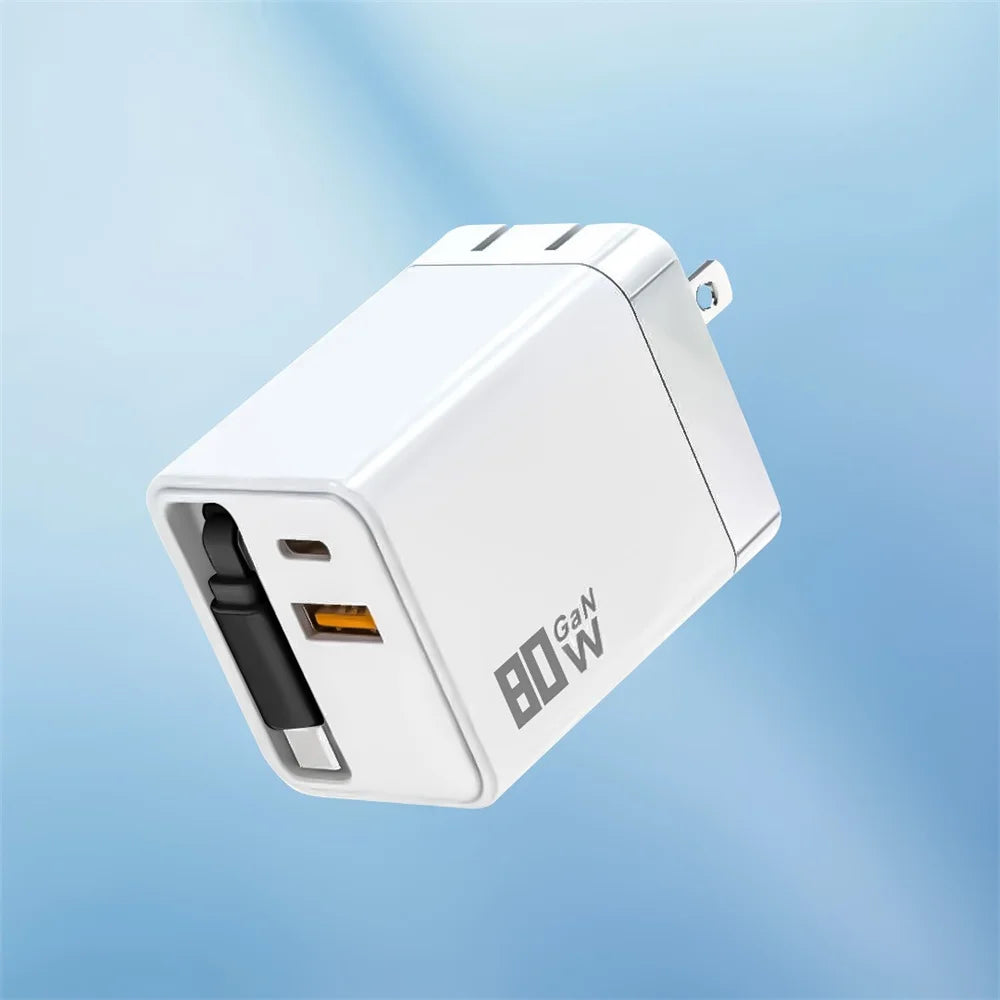 80W USB C Fast Charger with Retractable Type C Cable PD Charging for iPhone 17 16 15 Samsung Xiaomi iPad Phone Quick Charger