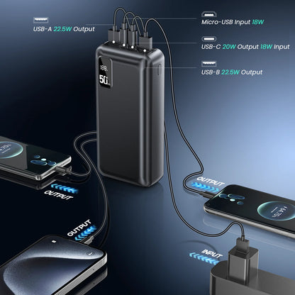 hganus 22.5W Power Bank 50000mAh QC PD3.0 Fast Charging Powerbank Portable Charger External Battery For iPad iPhone17 Xiaomi