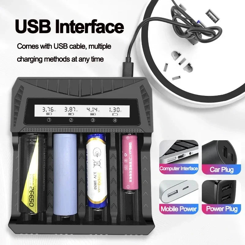 Intelligent LCD Battery Charger USB 4 Slots - Universal Smart Charger for 18650 26650 Li-ion & AA AAA Ni-MH Rechargeable Batteri
