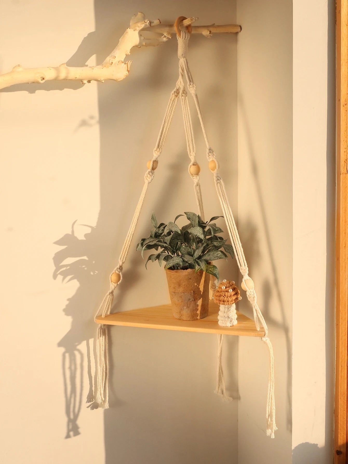 Wooden Floating Corner Shelf — Boho Wall Organizer