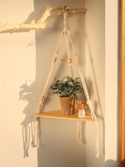 Wooden Floating Corner Shelf — Boho Wall Organizer