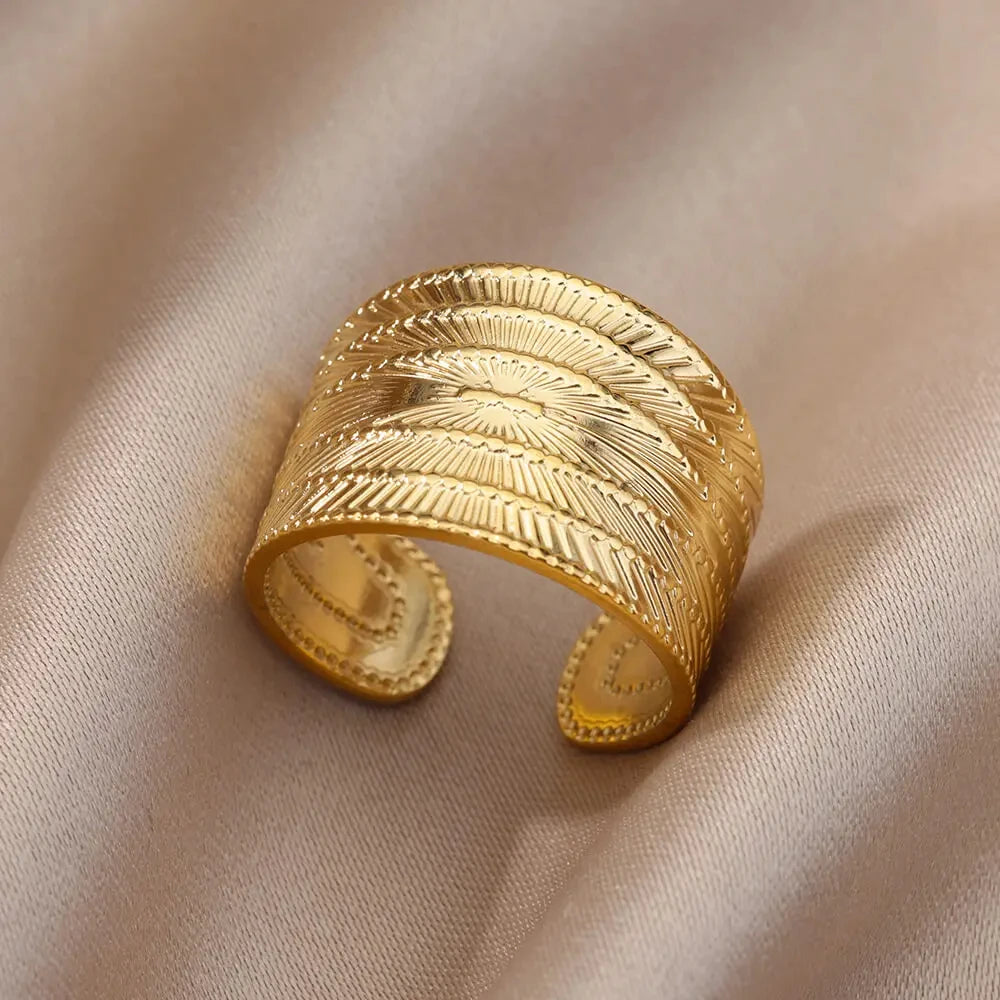 316L Stainless Steel Geometric Open Ring – Gold Color Waterproof Wedding Band
