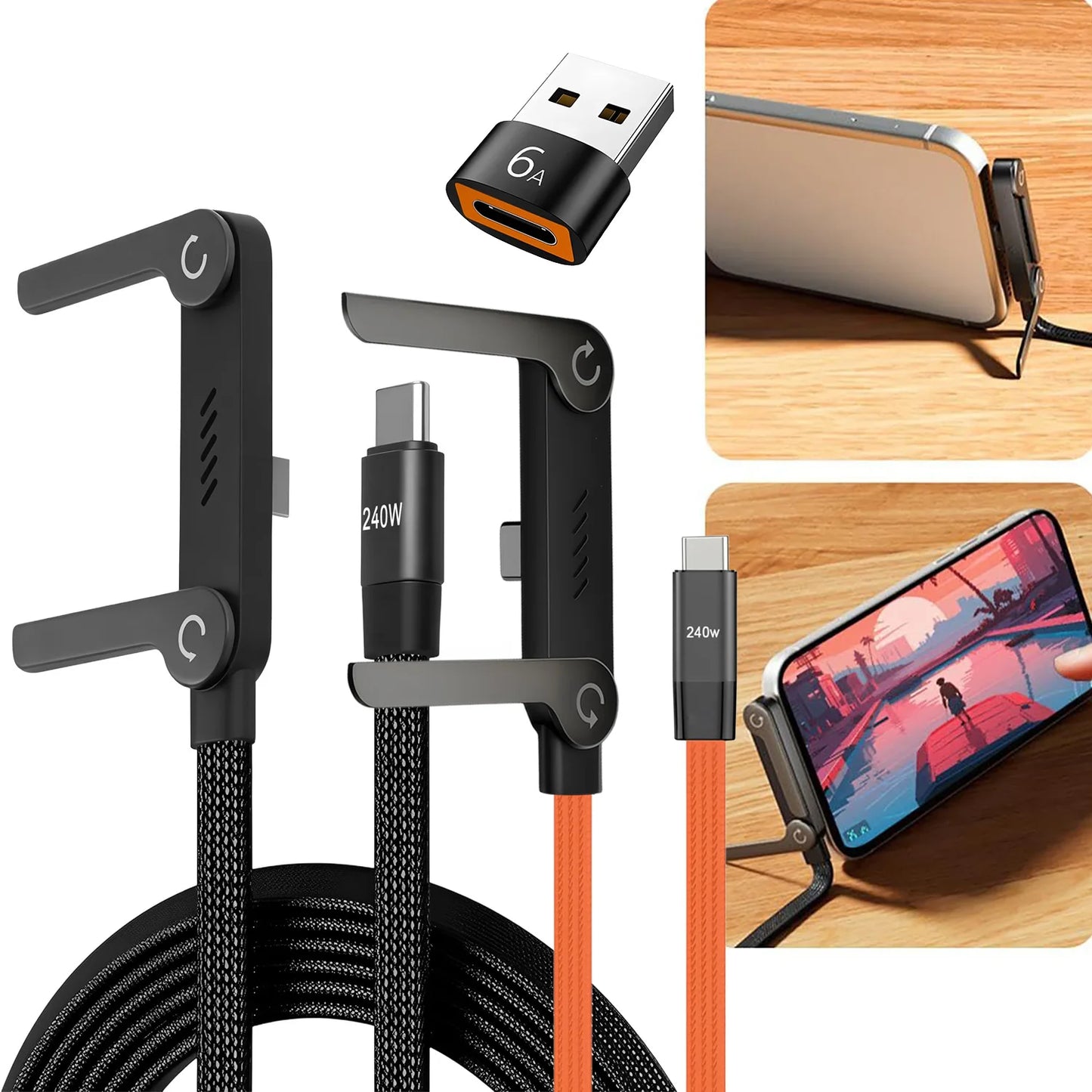 240W Super Fast Charging Data Cable 2-in-1 Folding Stand For IPhone 15-17 For Android Holder Charger Cable C To C, USB To C