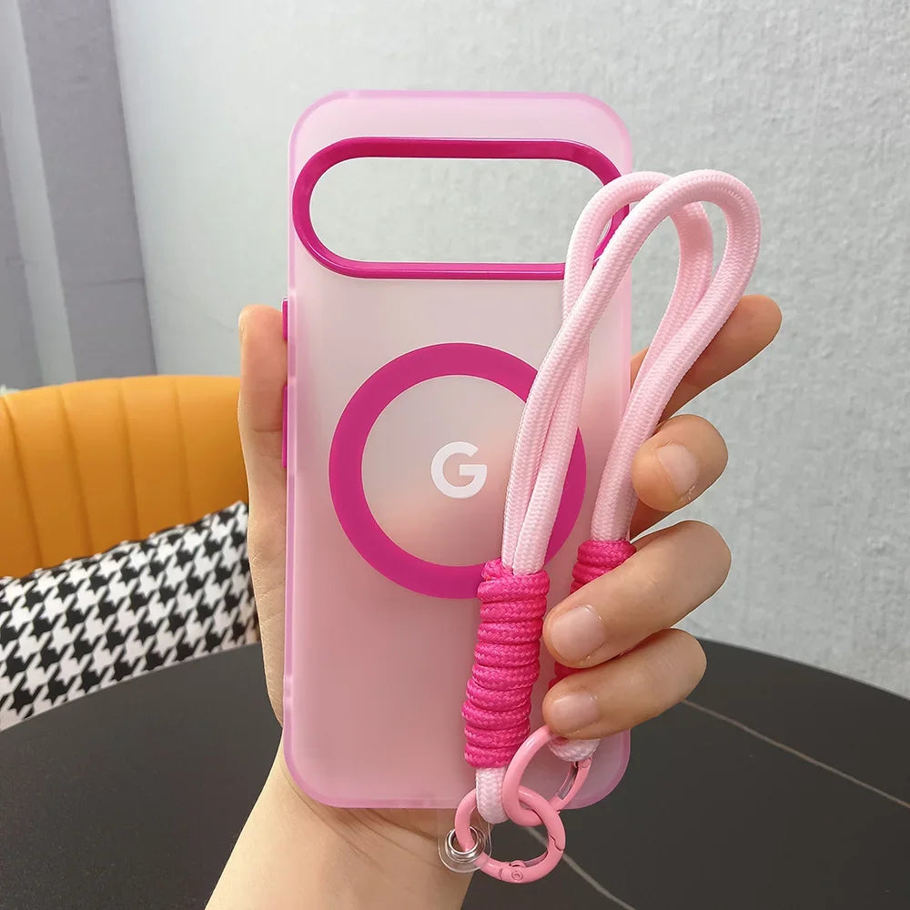 PC Magnetic Frosted Transparent Phone Case with Lanyard For Google Pixel 10 9 8 Pro XL 9a 8a For Magsafe Matte Translucent Cover