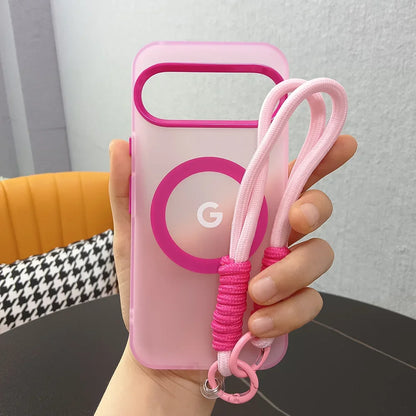PC Magnetic Frosted Transparent Phone Case with Lanyard For Google Pixel 10 9 8 Pro XL 9a 8a For Magsafe Matte Translucent Cover