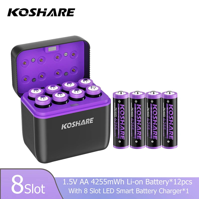 KOSHARE 1.5V AA 4255mWh AAA 1100mWh Rechargeable Lithium Battery Charger Set  With LED Indicator Arc-look Fast Charging Case