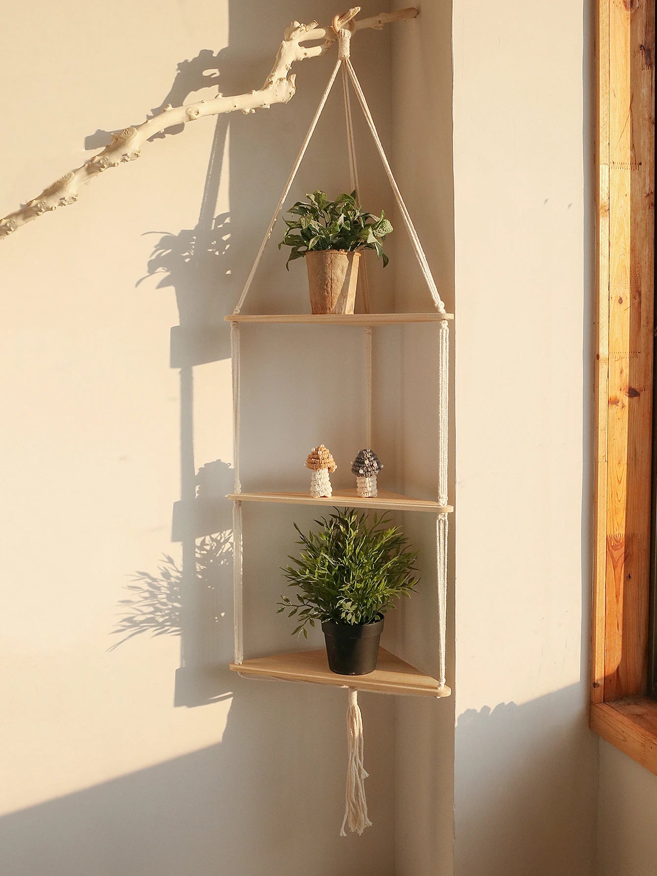 Wooden Floating Corner Shelf — Boho Wall Organizer