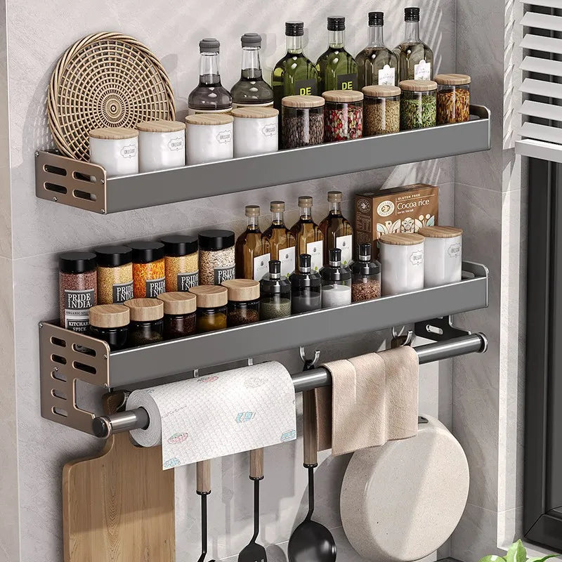 Gunmetal Space Aluminum No-Drill Wall Mounted Kitchen Storage Rack - Multi-Functional Organizer for Spice Jars and Knives