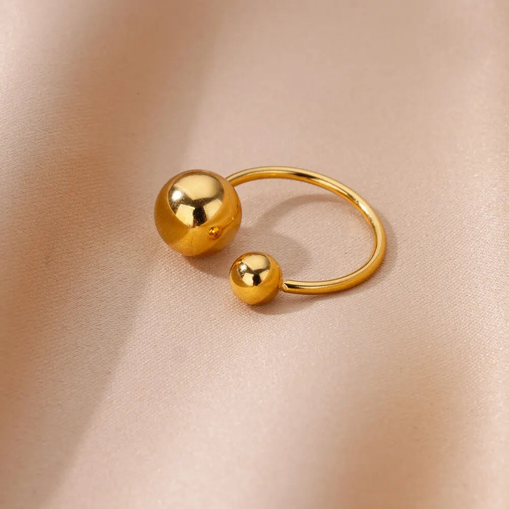 Exaggerated Stainless Steel Bead Ball Ring – Adjustable Gold Color Waterproof Ring for Women & Men