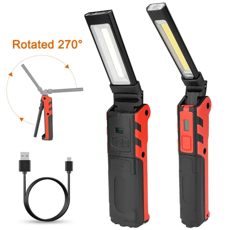 Dimmable COB LED Work Light USB Rechargeable Folding Flashlight Inspection Lamp with Magnetic Hook Power Bank