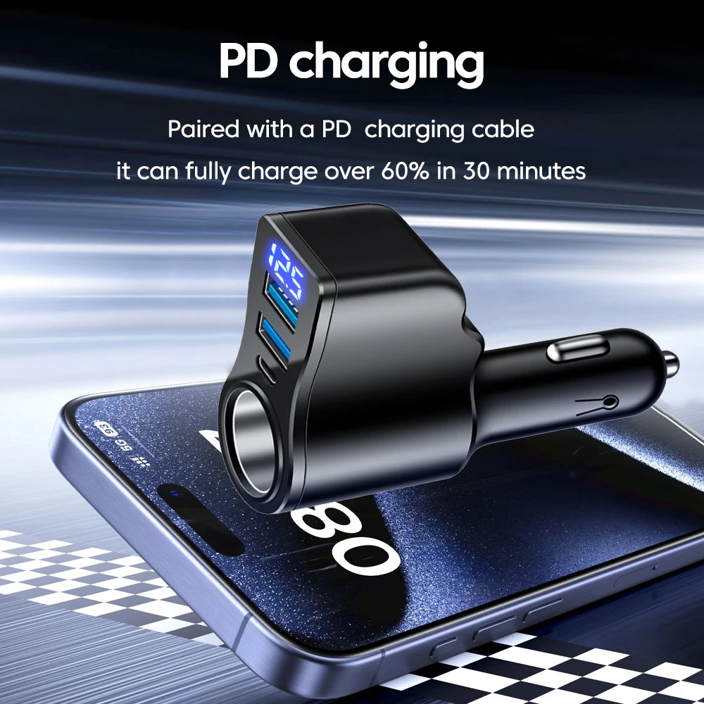 66W 4 Ports Digital Display Car Cigarette Lighter Power Adapter 3.1 A USB PD Car Phone Multifunctional Charger For iPhone Huawei