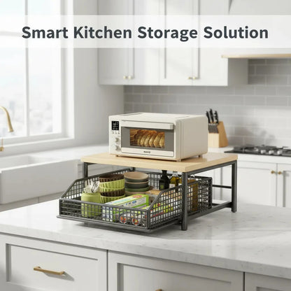 Metal and Wood Microwave Rack with Pull Out Drawer Multi Layer Countertop Kitchen Organizer for Coffee Maker Utensils and Tea