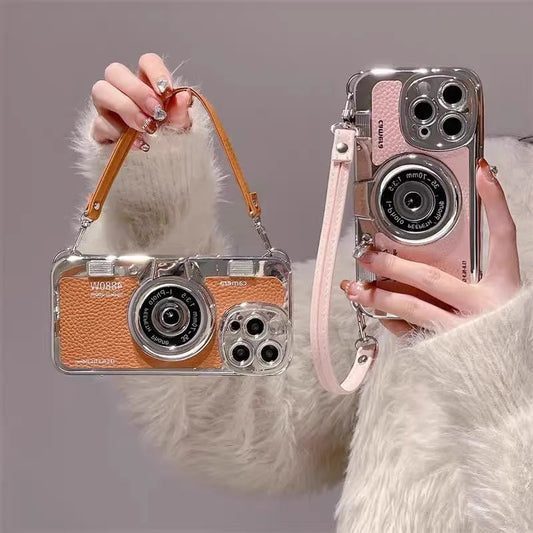 Fashionable Retro Camera Phone Case For iPhone 17 16 15 14 13 12 Pro Max Plus with Wrist Strap Protective Case