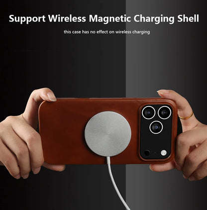 Vintage Oil Wax Full Covered Genuine Leather Case For Iphone 17 Pro Max 16 15 14 13 12 11 for Magsafe Magnetic Phone Cover Cases