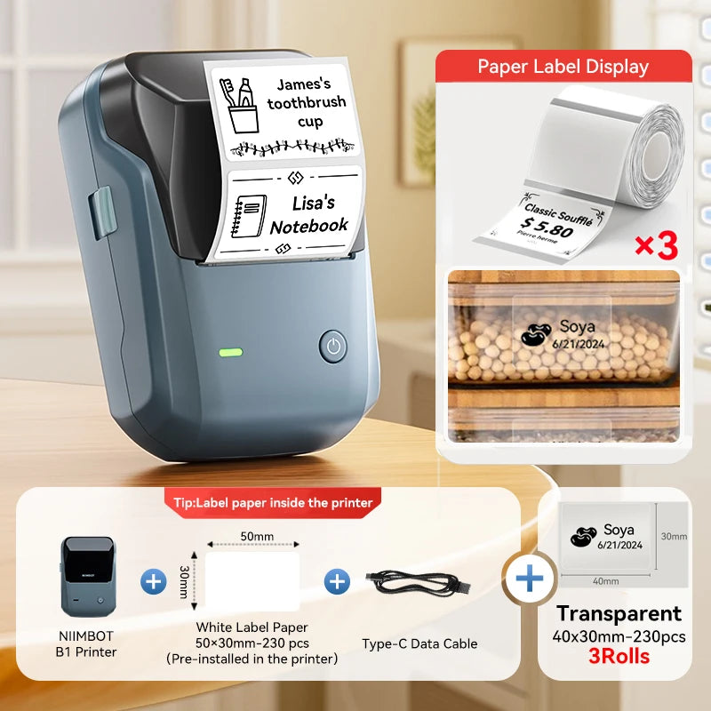 Niimbot B1 Wireless Thermal Label Printer Food Tag Barcode Price Small Business 20-50mm Print Width Label Machine for Home