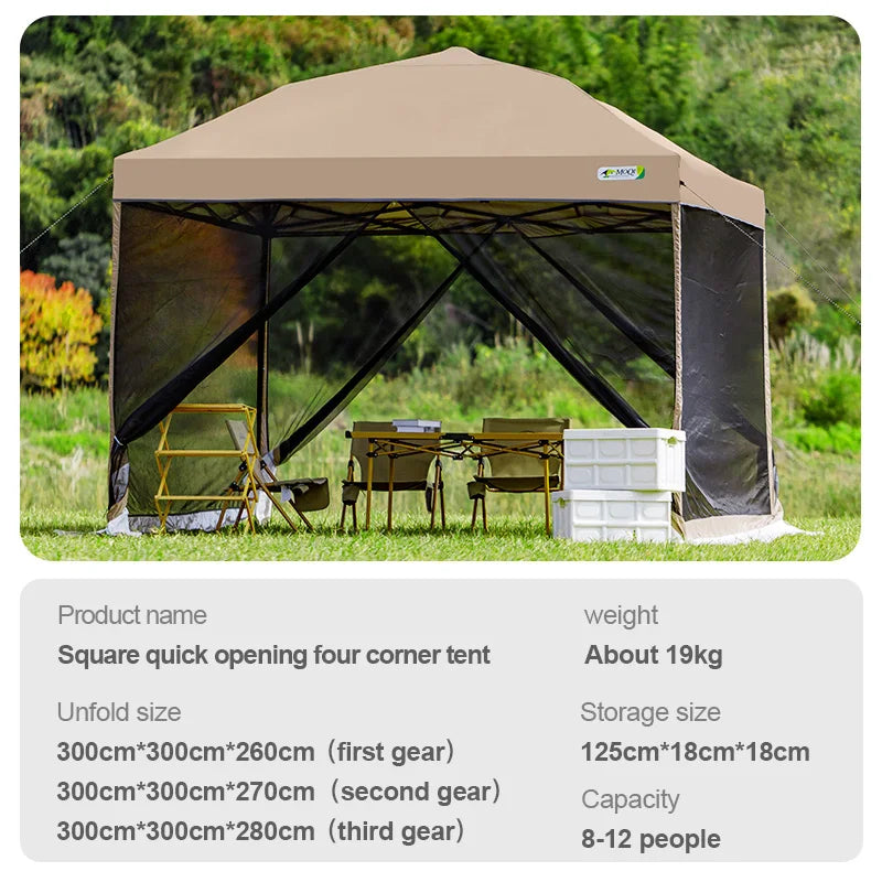 Outdoor Pop-Up Awning Beach Camping Instant Canopy Pavilion Tent With Side Wall 10x10 Feet Khaki Sunscreen Rainstorm Proof