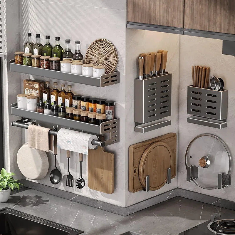 Gunmetal Space Aluminum No-Drill Wall Mounted Kitchen Storage Rack - Multi-Functional Organizer for Spice Jars and Knives