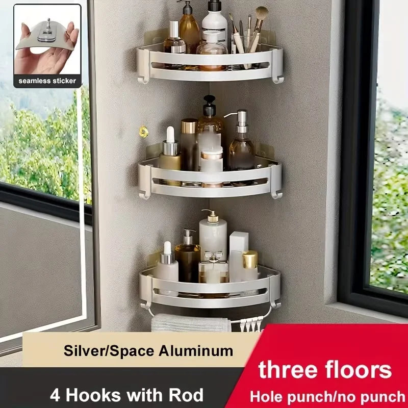 1pc Non-Drill Aluminum Bathroom Storage Rack - Wall Mounted Corner Rack Used For Storing Bathroom Shampoo Shower Gel Cosmetics