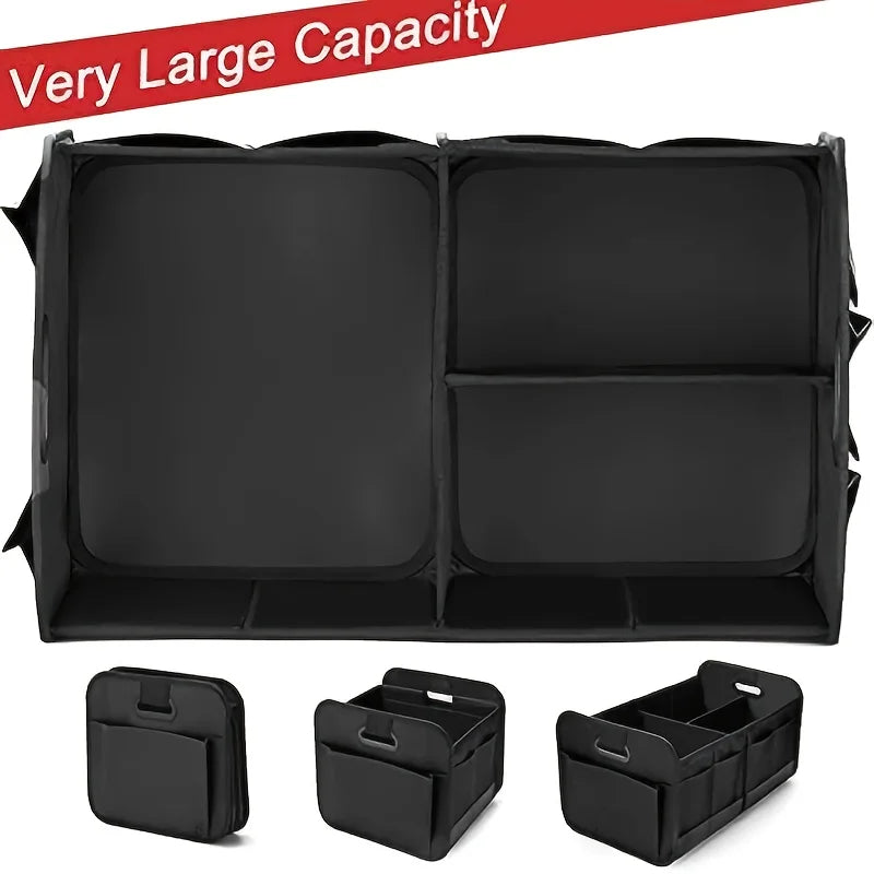 Collapsible 600D Oxford Car Trunk Organizer with Reinforced Handles & Multi-Compartments. Fits All Cars, SUVs, Vans.