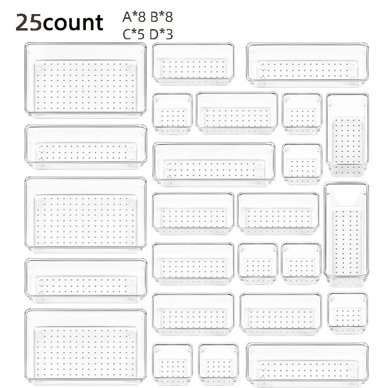 28 PCS Clear Drawer Organizers Set 4-Size Versatile Bathroom and Vanity Drawer Organizer Trays Storage Bins for Bedroom Kitchen